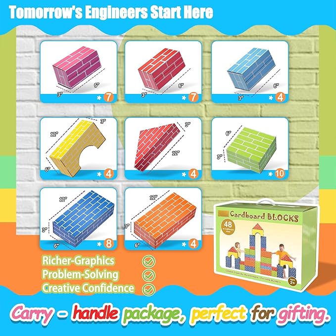 Cardboard Building Blocks for Kids 48pcs: Jumbo Gifts Heavy Duty Develop Creative Thinking Spatial Reasoning Easy to Assemble