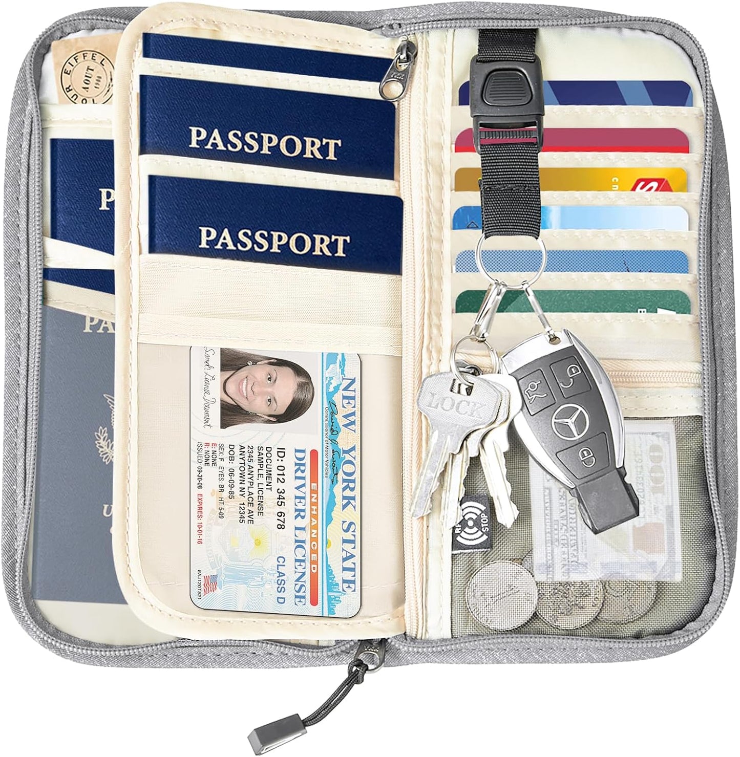 ZOPPEN Passport Holder Family RFID Passport Wallet, Passport Holder Women/Men, Travel Wallet Documents Organizer Zipper Case with Removable Wristlet Strap, Travel Essentials for Flying