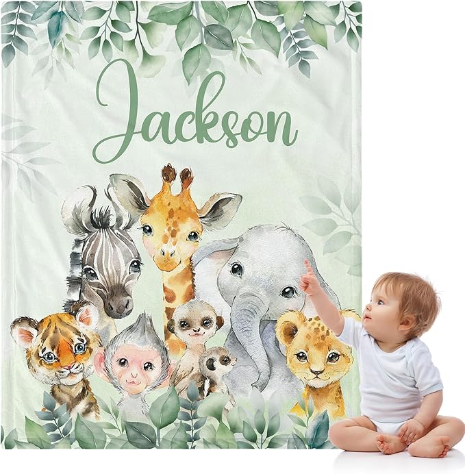 J&SBGFT Personalized Baby Blanket for Boys,Custom Baby Blanket with Name, Customized Name Blanket Receiving Blankets for Toddlers Kids Nursery Stroller Crib Decor Throw,Safari Animal Blanket