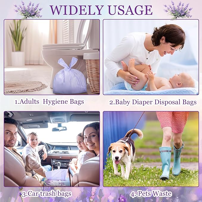 200 Pcs 14 x 8 in Lavender Scented Hygiene Bags Discreet Waste Disposal for Feminine Products, Diaper Disposal or Pet Waste Sacks with Easy-to-tie Tabs
