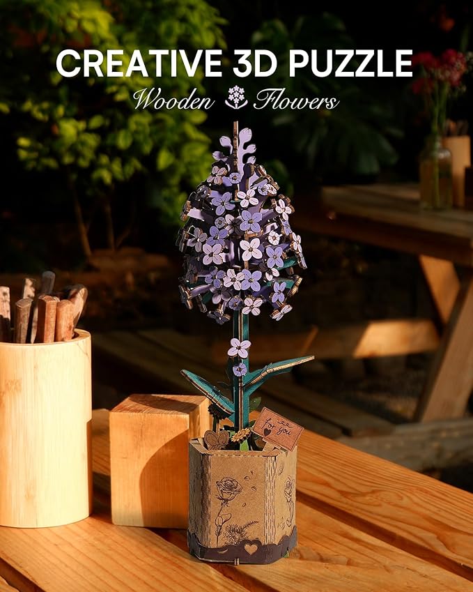 3D Flower Wooden Puzzles for Adults-Lilac, DIY Wooden Flowers Model Kit Building Set Crafts for Adults to Build, Botanical Collection/Ideal Creative Gift Ideas/Housewarming (154PCS)