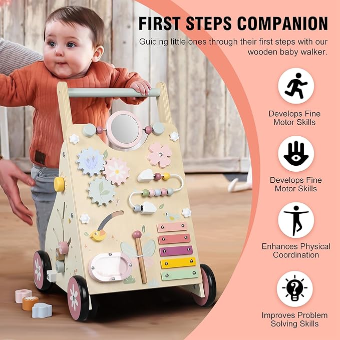 Wooden Baby Walker, Baby Push Walker, Push Walker Toys for Babies Learning to Walk & Sit-to-Stand, with Montessori Sensory Toy & Activity Center for Girls Boys
