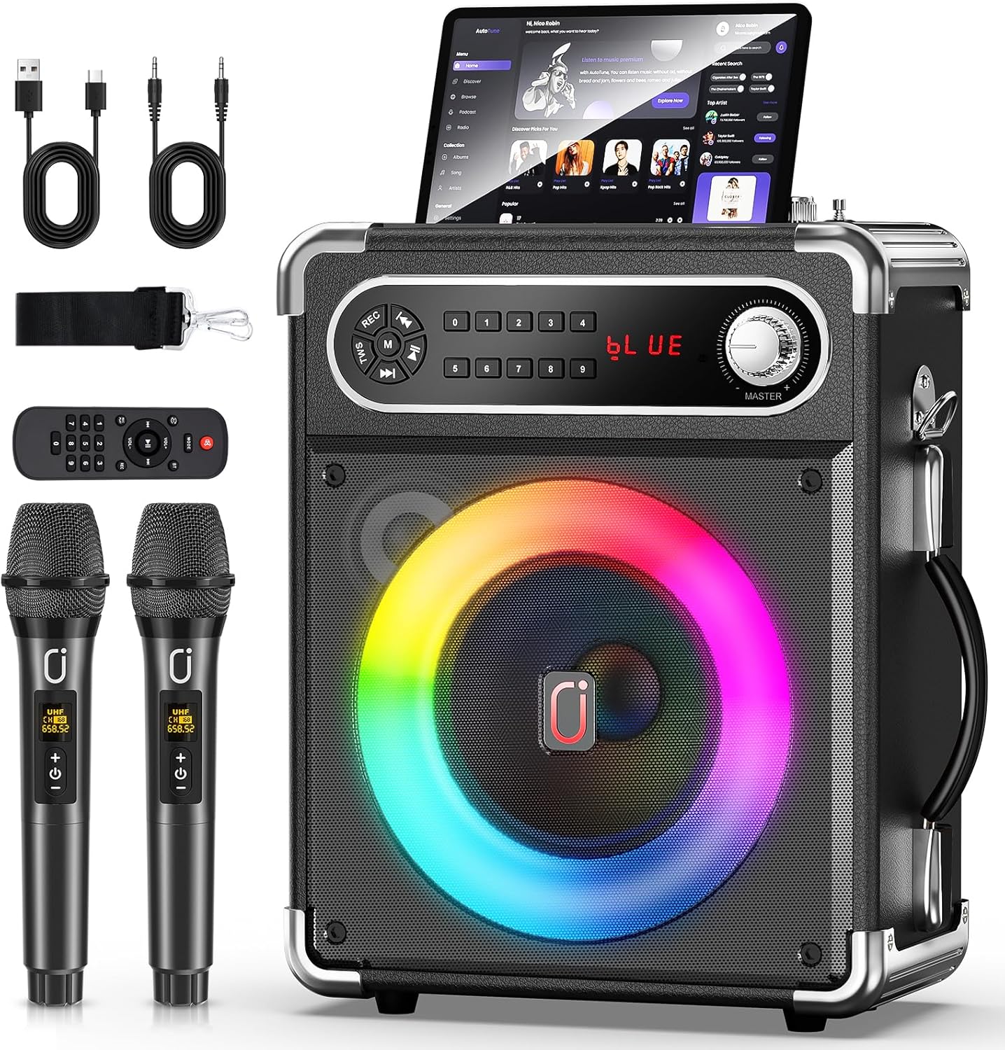 Karaoke Machine with 2 Wireless Microphones,【Upgraded 6.5"Woofer & 2"Tweeter】Portable Bluetooth 5.3 Karaoke Speaker, PA System with Bass/Treble/Echo Adjustment, Supports USB/AUX/TF/TWS for Home Party