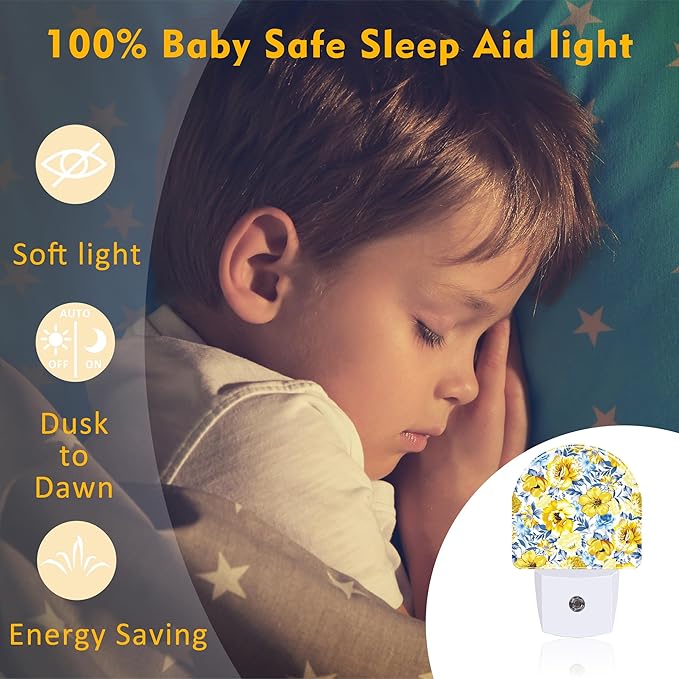 Retro Yellow Blue Flowers Night Light, Watercolor Floral Dusk to Dawn Night Light Plug in,0.5w Energy Saving Sleep Friendly NightLight for Kids Boys Girls Home Decor