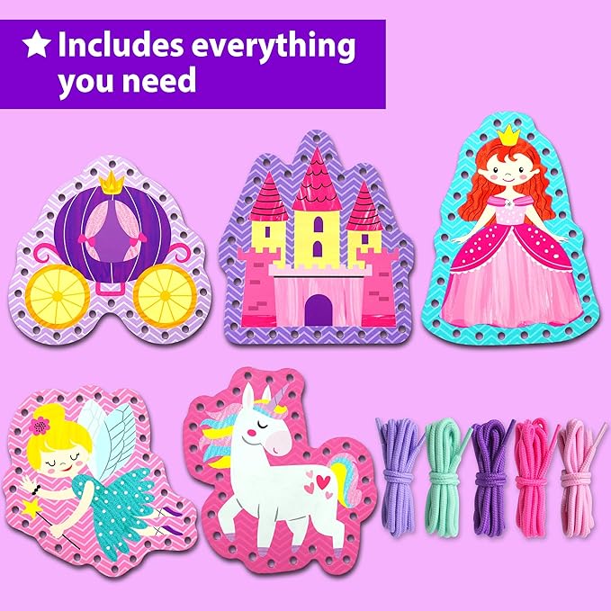 KRAFUN Beginner Unicorn My First Lacing Card Kit for Kids Arts & Crafts, 5 Easy Princess Lacing Projects, Paper Art Craft Cards for Toddlers, Fine Motor Preschool Skills Toys