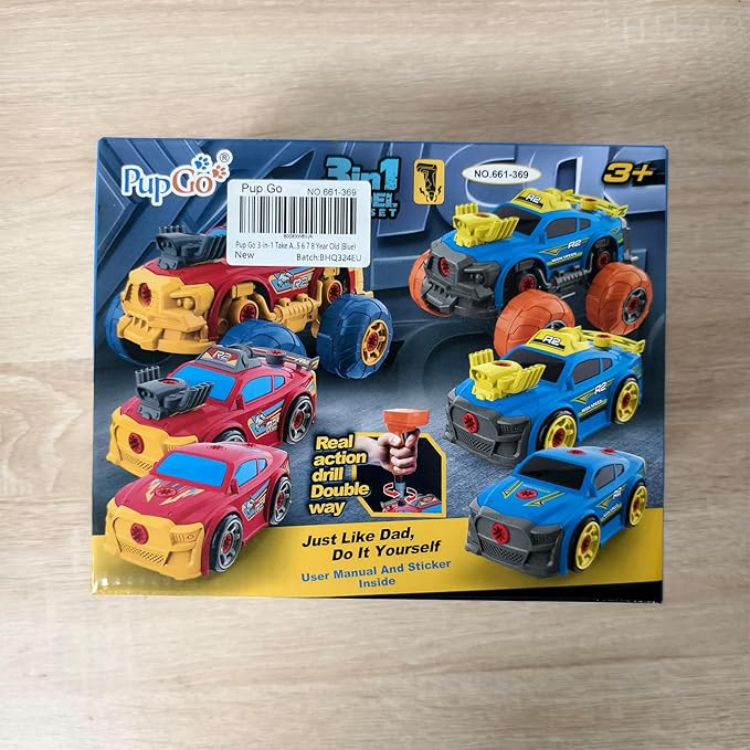 3-in-1 Construction Car for Boys Ages 3+ Years Old, Take Apart Car with Electric Drill, 46 Pcs Cars Building Kit, Build Your Own Toy Cars with Tools, Ideal STEM Present for Kids Children(Blue)