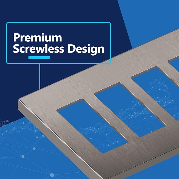 LIDER Brushed Finish Decorator Switch Cover, Screwless Wall Plate, Mid-Size 4-Gang 4.88" x 8.58", Unbreakable Polycarbonate Thermoplastic, UL Listed, LSWP-34M-BNK, Brushed Nickel