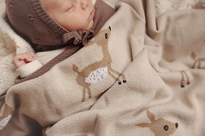 Knit Baby Swaddle Blanket - 100% Cotton Soft Cozy Receiving Swaddling Stroller Blanket Quilt for Shower Gift Registry for Newborns Infants Toddlers Gender Neutral (Deer - Taupe)