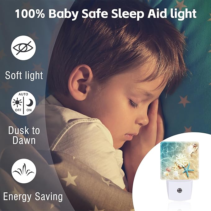Starfishs Seashells and Coral Night Light, Summer Beach Sea Water Marine Life Dusk to Dawn Night Light Plug in,0.5w Energy Saving Sleep Friendly NightLight for Kids Boys Girls Home Decor