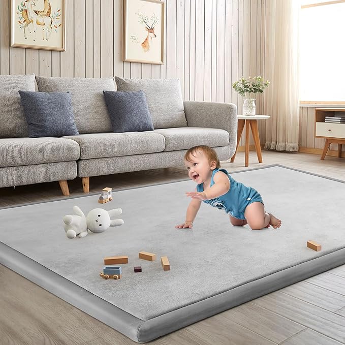 Baby Play Mat for Floor Tummy Time Mat Nursery Muscle Area Rug Playroom Rug Tatami 59"*59" Memory Foam 1.3" Thick Crawling For Babies,Toddlers, Infants, Kids,Floor(Light Gray)