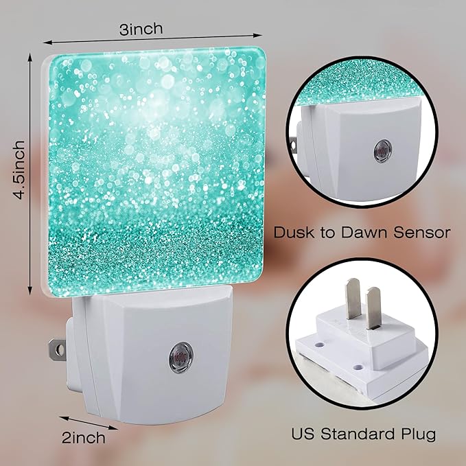 Teal Turquoise Glitter Night Light Plug into Wall, Green Sparkle Bling Dusk to Dawn Night Light Plug in,0.5w Energy Saving Sleep Friendly NightLight for Kids Boys Girls Home Decor
