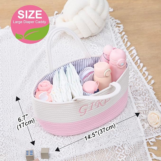 DUHEL Diaper Caddy Organizer with Handle,Baby Basket use for Diaper Organizer and Storage,Baby Girl Newborn Essentials,3 Compartments-Cotton rope Material Storage for Home or Travel. (White＆Pink)