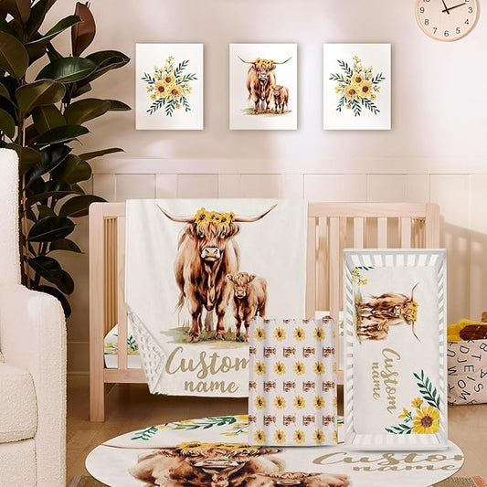 Personalized Nursery Crib Bedding Set: Custom Name Yellow Floral 5 Piece Baby Crib Sets with Highland Cattle Design - Toddler Double Layer Blanket Set, Comfortable Crib Bed Sheets for Baby Grils