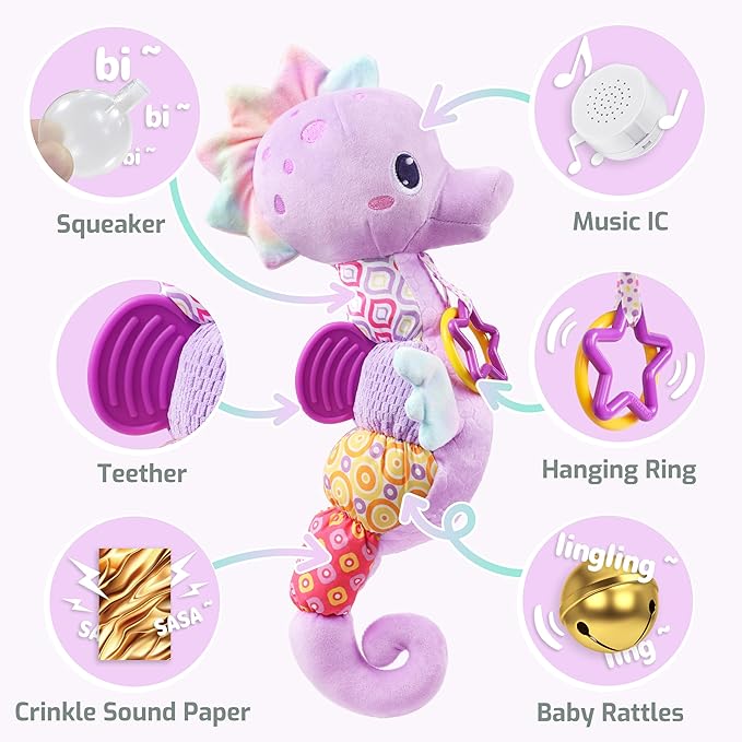 LIGHTDESIRE Baby Toys Musical Seahorse,Infant Stuffed Animals Toy with Crinkle & Rattles,Soft Sensory Toy with Textures,Newborn Toys for Baby Girls Boys 0 3 6 12 Months(Purple)