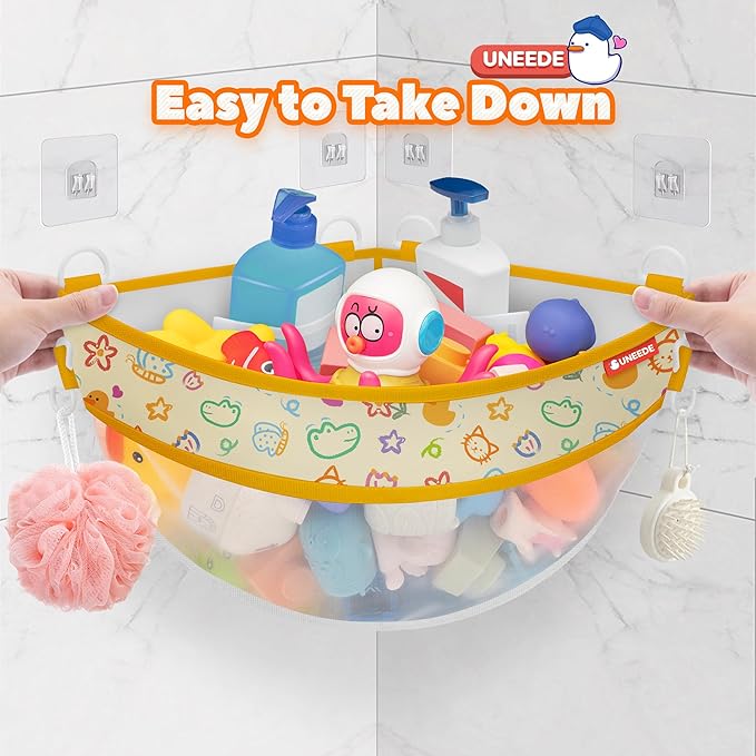 UNEEDE 4.32 Gallons Duck Print Corner Mounted Bath Toy Storage Holder, Yellow Mesh Shower Caddy for Bathtub Organizer, Quick Dry Holder