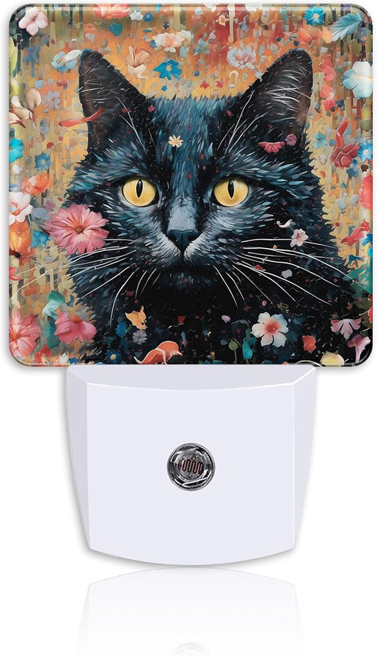 Plug Night Light,Watercolor Black Cat Among Flowers Night Light Lamp Auto Sensor Energy Efficient Dusk to Dawn Lights for Girls Boys Women Room Decor,Hallway,Kitchen,Bathroom,Nursery,Stairs