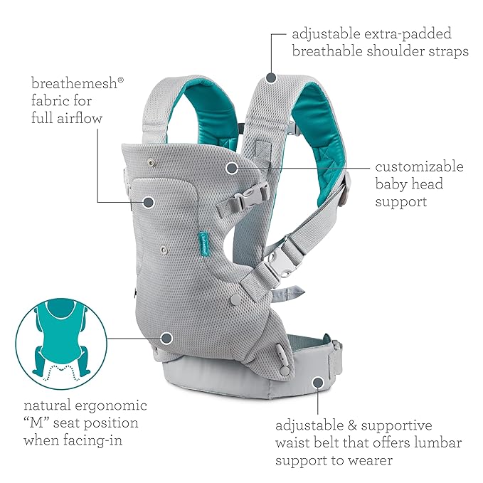 Infantino Flip 4-in-1 Light & Airy Convertible Baby Carrier, Adjustable, Ergonomic Babywearing, Registry Essential, Baby Carrier for Newborn to Toddler