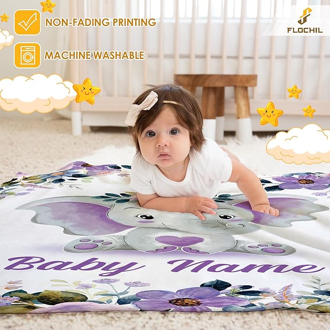 FLOCHIL Personalized Baby Blankets, Custom Baby Blanket - Baby Blanket with Name for Girls, Best Gift for Newborn Elephants Plush Fleece (30x40)