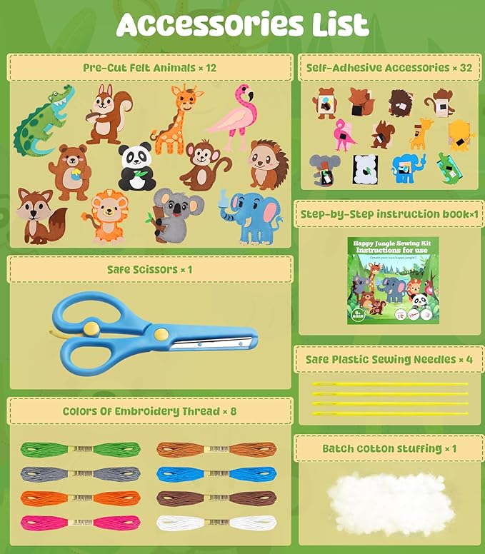 YEETIN Sewing Kit for Kids Ages 6+, Beginner Felt Sewing Craft Kit, DIY Jungle Stuffed Animals Making Set, Learn to Sew Gifts for Birthday