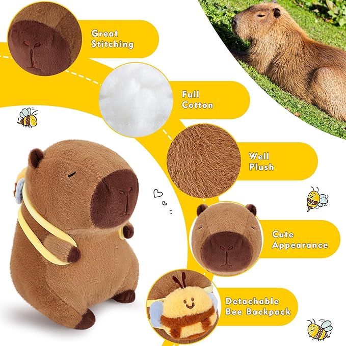 Achwishap Capybara Plush,Cute Plushies Capybara Stuffed Animal,Capybara Plush Toys,Kawaii Plushie Stuffed Toy with Bee Backpack Plushies Gift for Kids Adults Birthday(Capybara with Bee Backpack,10”)