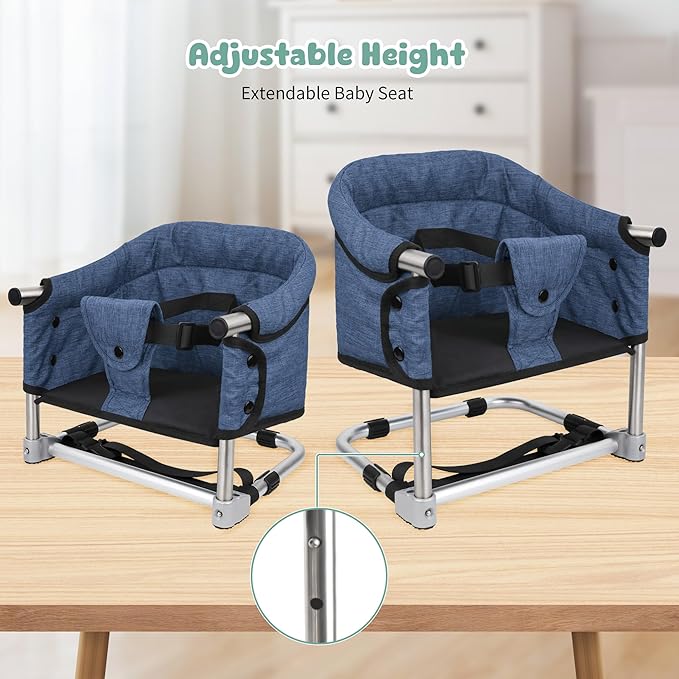 Booster Seat for Dining Table: Portable Toddler Booster Chair with Safety Buckle and Height Adjustable, Foldable Baby Feeding Chair, Kids High Chair Booster Seat for Kitchen Home Travel - Navy Blue