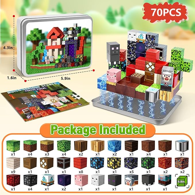 70PCS Magnetic Building Blocks Travel Toys for Kids Ages 4-8, Forest Portal Mini Magnetic Blocks with Iron Case, Portable Magnet Cubes STEM Learning Set for Toddler Boys Girls Ages 3+