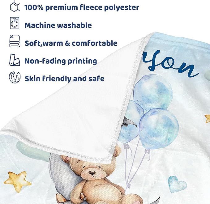 J&SBGFT Personalized Baby Blanket for Boys - Custom Name Receiving Blanket for Toddlers, Kids - Nursery, Stroller, Crib Decor Throw With Sleeping Bear