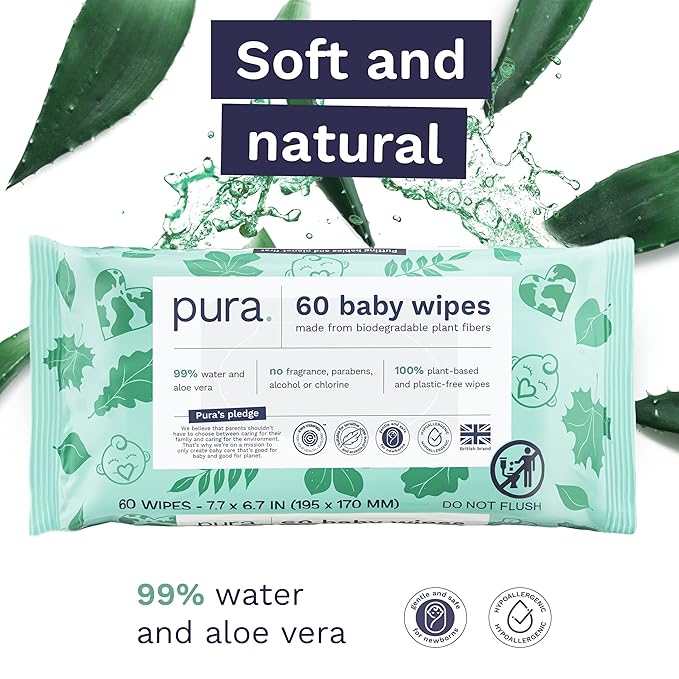 Pura Baby Wipes, 180 Count, Plastic-Free | Sensitive Skin | 99% Water | Fragrance Free | Plant Based