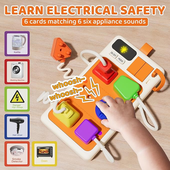 9 PCS Sensory Plug Outlet for Toddlers 2-3, Power Strip Montessori Toys for 18+ Months, Busy Board with Light & Sounds, Airplane Car Travel Toys Gift for Baby