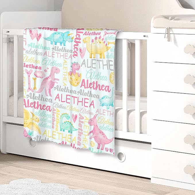 Personalized Dinosaur Custom Baby Blanket with Name - Swaddle Blanket for Toddlers, Infants, Kids - Shower, Newborns, Nursery, Stroller, Crib Decor - Throw - Birthday Gift