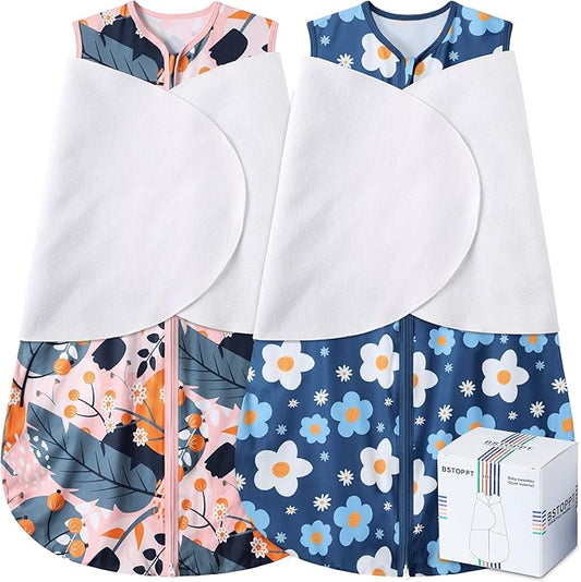 Newborn Sleep Sack Baby Swaddle,3-Way Adjustable Wearable Blanket,100% Rayon Cotton Swaddling Sleeping Bag，TOG 0.5 (Gerbera & Tulips, 6-12 Months)
