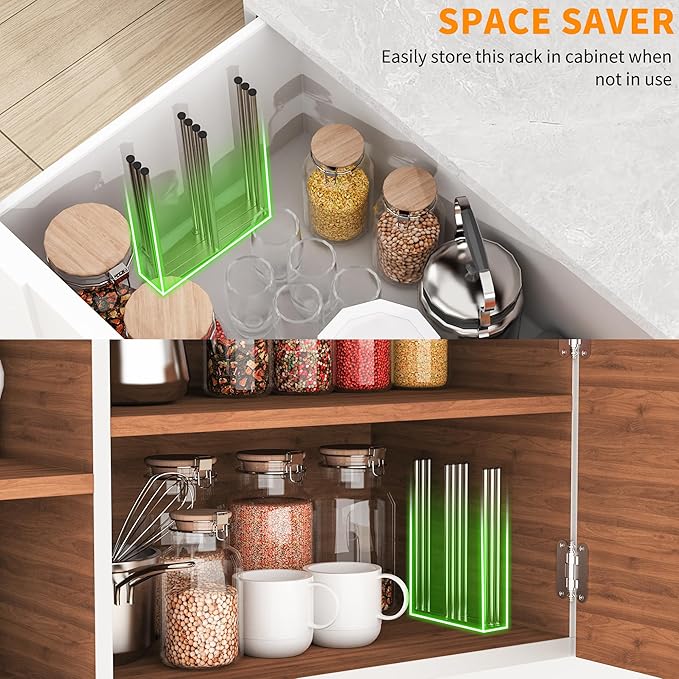 Foldable Baby Bottle Drying Rack-10 Poles Water Bottle Organizer for Cups,Travel Mugs,Silicone Bags- Collapsible Stainless Steel Bottle Rack Dryer (Silver)