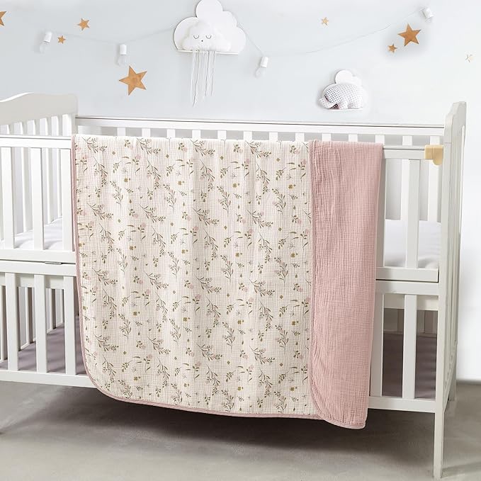 CREVENT 40''X40'' 100% Organic Cotton Muslin Baby Blanket for Newborns, Essential for Baby Shower Birthday Gift - Flower 100X100cm