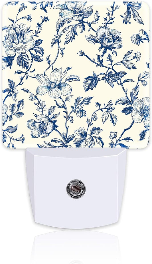 Vintage Blue Flowers Night Light, Abstract Botanical Floral Leaves Dusk to Dawn Night Light Plug in, 0.5w Energy Saving Sleep Friendly NightLight for Kids Boys Girls Home Decor