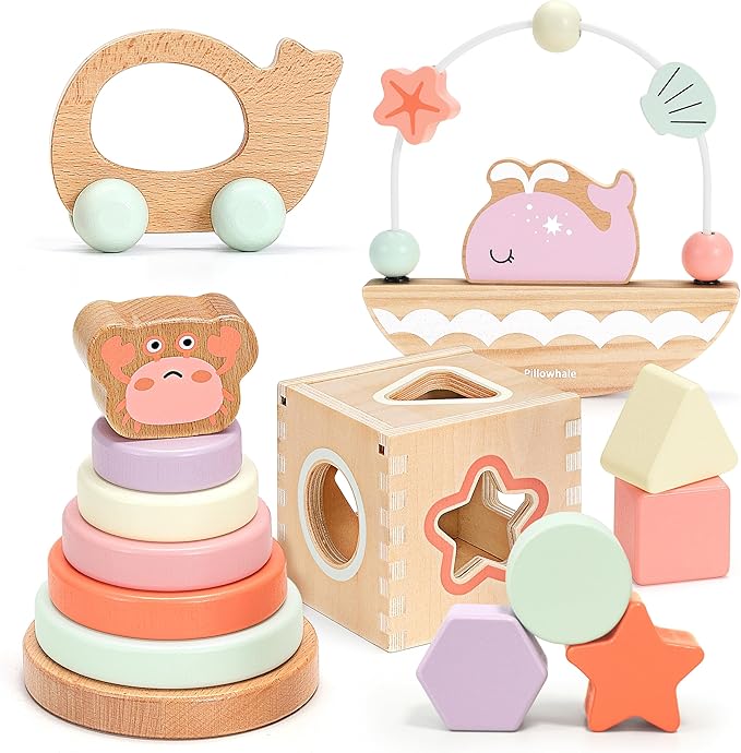 Sensory & Educational Wooden Toy Set for Toddlers 1-3 Years Old - Stacking Rings, Shape Sorter, Push Car, Bead Maze, Montessori Toys for Boys & Girl
