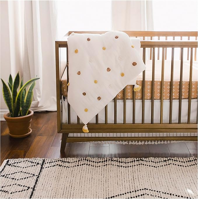 Crane Baby Blanket, 36” x 36”, Soft Cotton Pom Pom Nursery Blanket for Boys and Girls, Cream