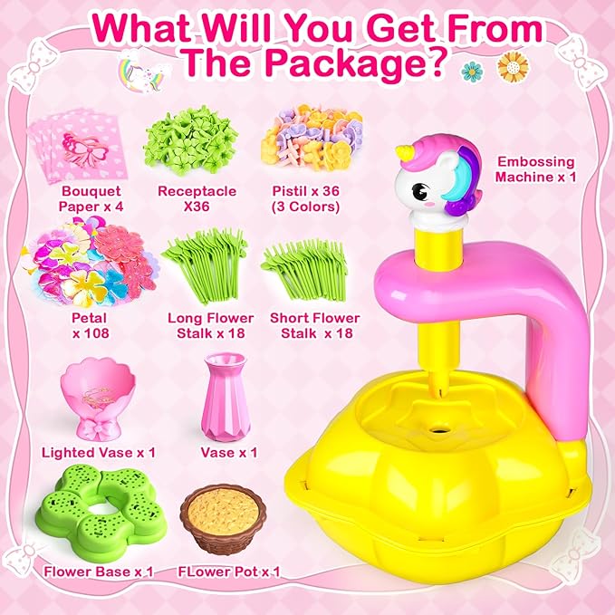 DIY Arts and Crafts for Kids Flower Toys with Lighted vase, Upgraded Unicornous Design Fabric Bouquet Craft Kits for Kids Toys for Toddler Girls Christmas Birthday Gifts for 3 5 6 7 8 10 12+ Year Old