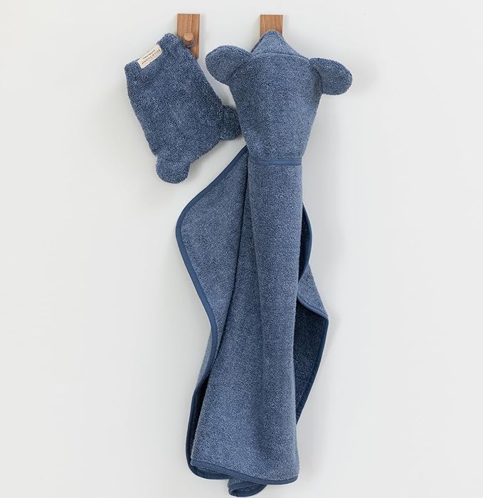 Bella Tunno Baby Bath Towel and Wash Mitt Set – Soft Absorbent Hooded Towels and Mitt-Style Baby Washcloths, Oeko-TEX Certified (Rain)