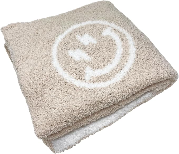 Smiley Face with Lightning Bolt Eyes Baby Blanket 28"x40" - DreamSoft Throw for Crib, Stroller or Car Seat -Receiving Blanket/Newborn Nursery Gift for Toddler, Infant, Kids, Boys & Girls (Tan/White)
