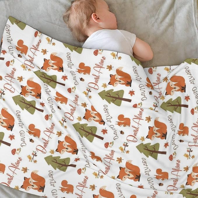 Ship Next Day, Personalized Baby Blanket for Boys Girls - Printed in USA, Custom Name Toddler Blanket with Fox Pattern, Perfect Newborn Gift