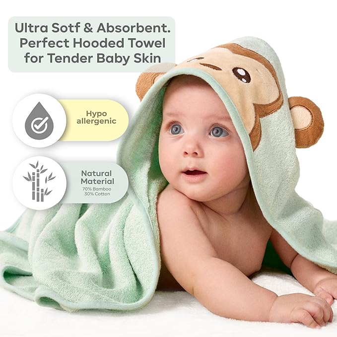 Bamboo Baby Towels with Hood – Mint Green 35x35” | Ultra-Soft Rayon from Bamboo & Cotton Bath Wrap | Adorable Monkey Hood for Newborns, Infants & Toddlers for Boys & Girls