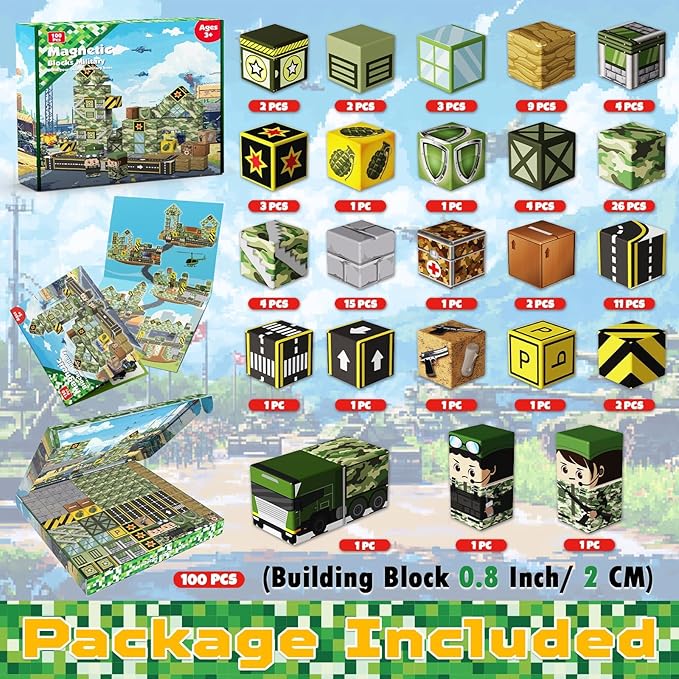 Magnetic Blocks-100PCS Military Building Blocks Set, Kids Classroom Sensory Toy for Toddlers STEM Learning, Construction Stacking Toy for Kids 3+ Boys and Girls Christmas Birthday Gifts Toys
