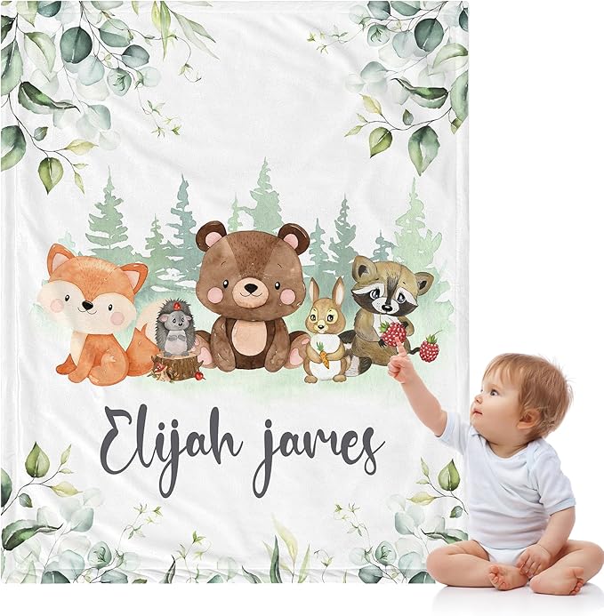 J&SBGFT Personalized Baby Blanket for Boys,Custom Baby Blanket with Name, Customized Name Blanket Receiving Blankets for Toddlers Kids Nursery Stroller Crib Decor Throw,Woodland Animal