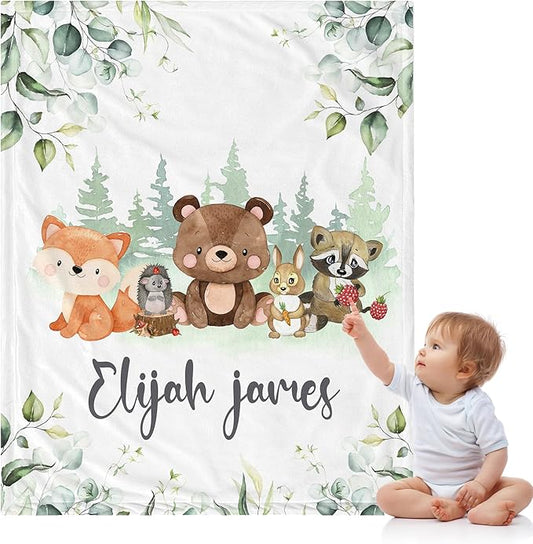 J&SBGFT Personalized Baby Blanket for Boys,Custom Baby Blanket with Name, Customized Name Blanket Receiving Blankets for Toddlers Kids Nursery Stroller Crib Decor Throw,Woodland Animal