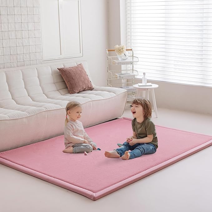 Loartee Faux Rabbit Fur Rug - 1.18" Thick Soft Fluffy Area Rug, Non-Slip Memory Foam Crawling Mat, Light Pink, 59"x78"