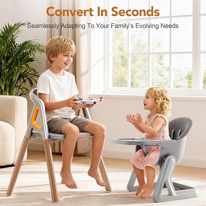 CoziBB Baby High Chair, 6-in-1 Convertible Growing Baby High Chair for Infants and Toddlers with Adjustable Plates and Seats, 5-Point Seat, Grey