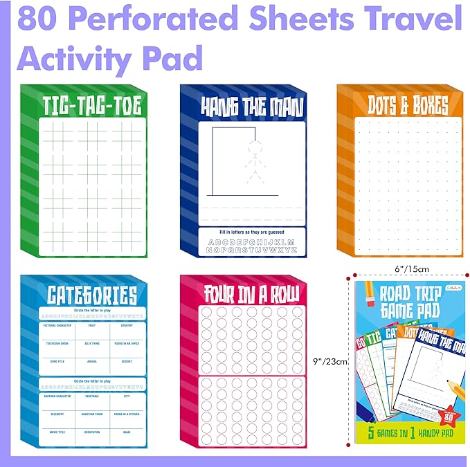 Road Trip Game Pad, 80 Perforated Sheets Travel Activity Pad, 5 Games in 1 Pad, Plane, Car Trip Activity, Pen Pencil & Paper Game for Kids, Adults (6” x 9”)