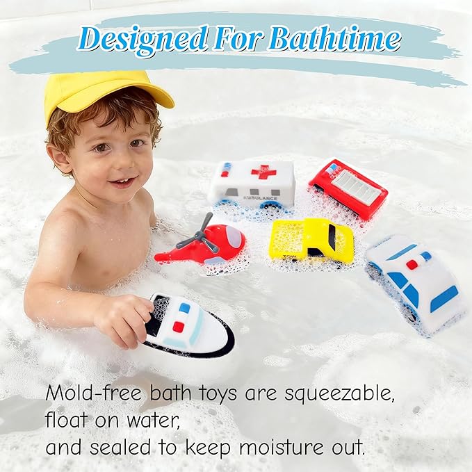Silicone Bath Toys with No Holes |6pcs Mold Free Baby Bath Toys for Kids1-3 |Baby Bath Cars Set |Sealed Design Prevents Water Trapping |Soft, Squeezable & Floating Bathtub Toys For 2-4 Toddlers (cars)