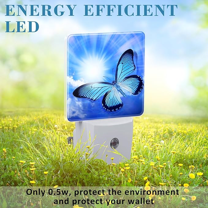 Butterfly Blue Sunny Sky Night Light With Dusk to Dawn Sensor for Kids, Girls, Boys, Women, Men - Room Decor, Hallway, Kitchen, Bathroom, Nursery, Stairs