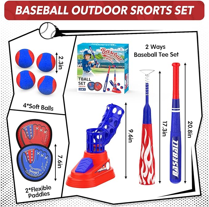 3-in-1 Kids T-Ball Set for Toddlers 3-5 with Fixed Tee Ball Stand, Baseball Launcher, Toss and Catch Ball Game - Outdoor Sports Toy Gift for Boys and Girls